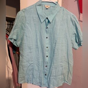 J. Jill 100% Linen Pintuck Button Down Shirt in Women’s Size Large in Aqua